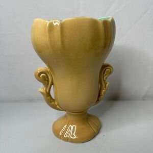 Vintage Red Wing USA Yellow Turquoise Scroll Handle Footed Urn Vase MCM 8.5 Inch